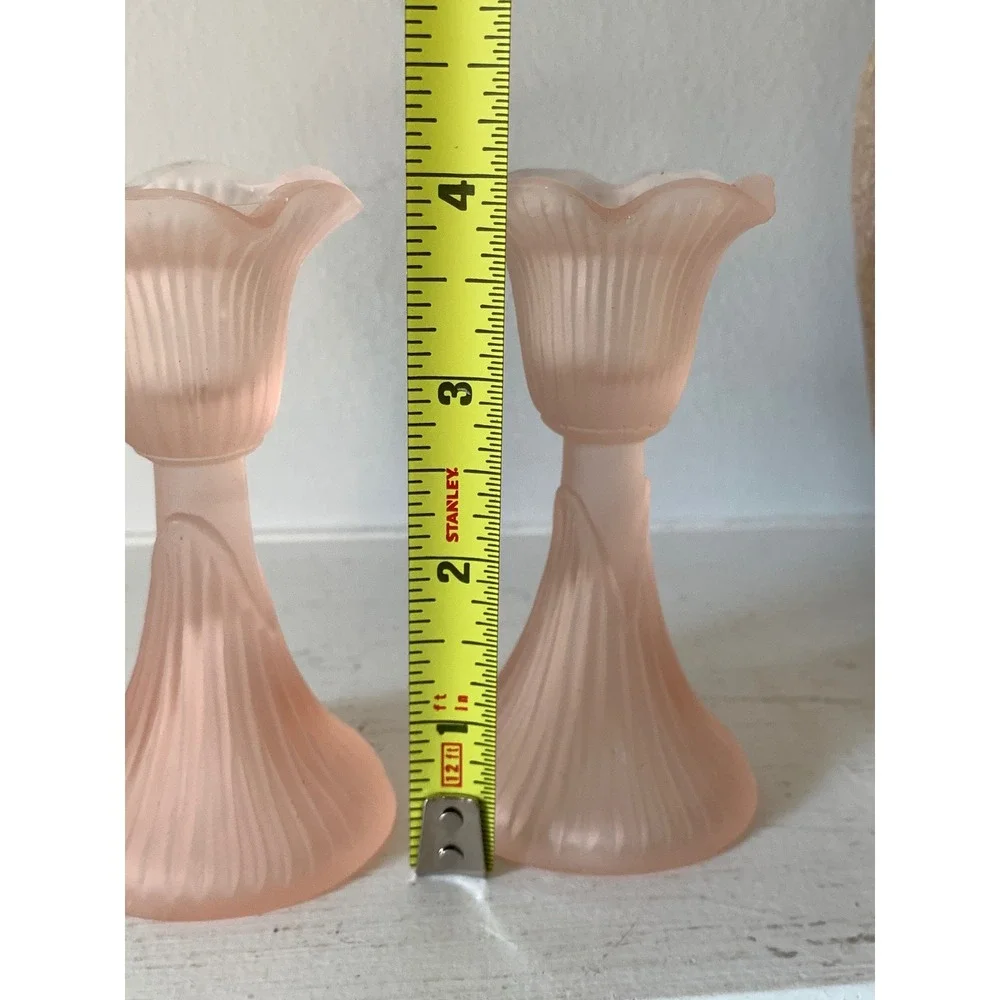 Vintage Frosted Pink Satin Glass Taper Candle Holders Set of 2 Ribbed Tulip 4.5